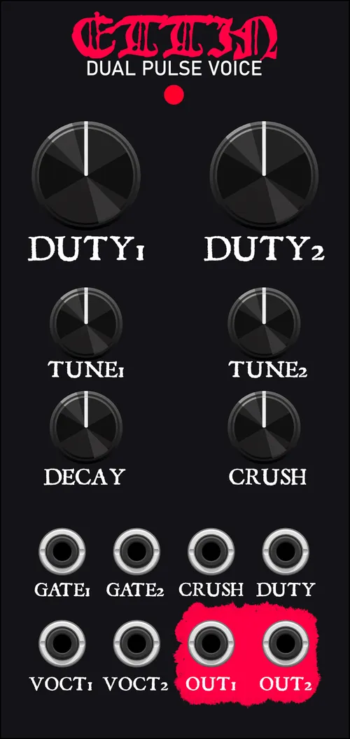 Ettin Dual Pulse Voice front panel: two duty knobs, two tune knobs, decay and crush, and eight jacks.